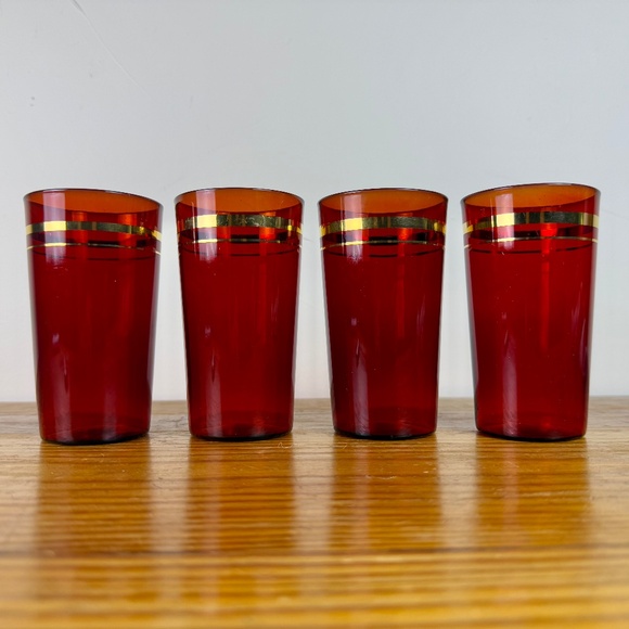 Vintage Ruby Red Glass Tumblers with Gold Design – Set of 4 - Picture 2 of 16